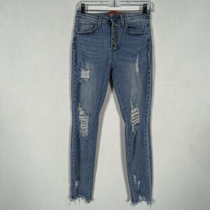 Wax Jeans Button Fly Skinny Denim Women's Juniors Size 5/27 Distressed Raw Hem